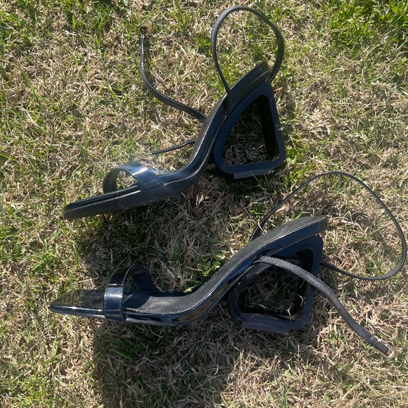 Fashion Nova Shoes - Fashion Nova Black Patent Geometric Block Heel Lace-Up Sandals